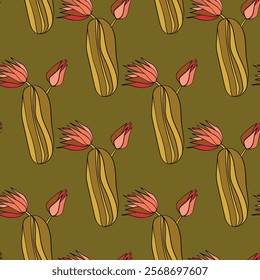 Seamless pattern with cacti, blooming succulent on color background. Vector hand drawn illustration for packaging, fabric, textile. Wild west cactus, western concept.