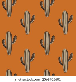 Seamless pattern with cacti, blooming succulent on color background. Vector hand drawn illustration for packaging, fabric, textile. Wild west cactus, western concept.