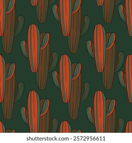 Seamless pattern with cacti, blooming succulent on color background. Vector hand drawn illustration for packaging, fabric, textile. Wild west cactus, western concept.