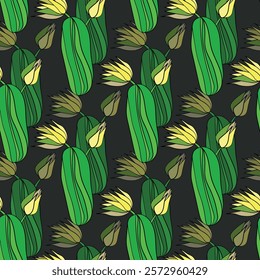 Seamless pattern with cacti, blooming succulent on color background. Vector hand drawn illustration for packaging, fabric, textile. Wild west cactus, western concept.