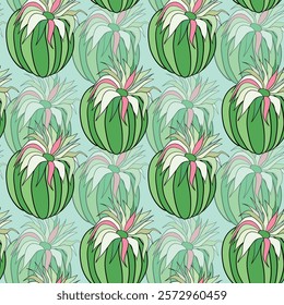 Seamless pattern with cacti, blooming succulent on color background. Vector hand drawn illustration for packaging, fabric, textile. Wild west cactus, western concept.