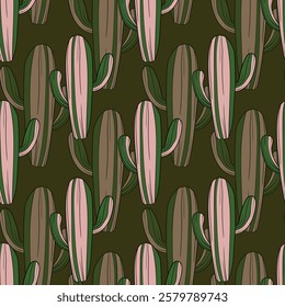 Seamless pattern with cacti, blooming succulent on color background. Vector hand drawn illustration for packaging, fabric, textile. Wild west cactus, western concept.