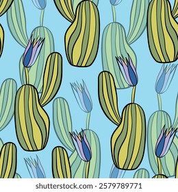 Seamless pattern with cacti, blooming succulent on color background. Vector hand drawn illustration for packaging, fabric, textile. Wild west cactus, western concept.