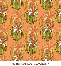 Seamless pattern with cacti, blooming succulent on color background. Vector hand drawn illustration for packaging, fabric, textile. Wild west cactus, western concept.