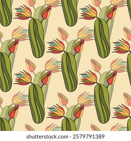 Seamless pattern with cacti, blooming succulent on color background. Vector hand drawn illustration for packaging, fabric, textile. Wild west cactus, western concept.