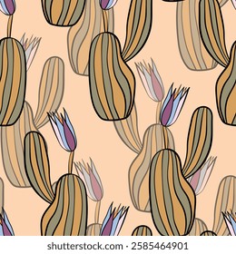 Seamless pattern with cacti, blooming succulent on color background. Vector hand drawn illustration for packaging, fabric, textile. Wild west cactus, western concept.