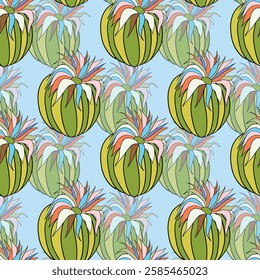 Seamless pattern with cacti, blooming succulent on color background. Vector hand drawn illustration for packaging, fabric, textile. Wild west cactus, western concept.