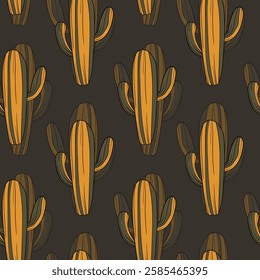 Seamless pattern with cacti, blooming succulent on color background. Vector hand drawn illustration for packaging, fabric, textile. Wild west cactus, western concept.