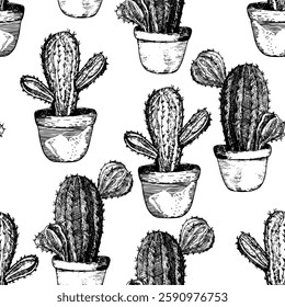 Seamless pattern with cacti, blooming succulent on color background. Vector hand drawn illustration for packaging, fabric, textile. Wild west cactus, western concept.