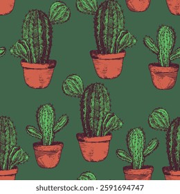 Seamless pattern with cacti, blooming succulent on color background. Vector hand drawn illustration for packaging, fabric, textile. Wild west cactus, western concept.