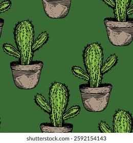 Seamless pattern with cacti, blooming succulent on color background. Vector hand drawn illustration for packaging, fabric, textile. Wild west cactus, western concept.