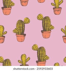 Seamless pattern with cacti, blooming succulent on color background. Vector hand drawn illustration for packaging, fabric, textile. Wild west cactus, western concept.