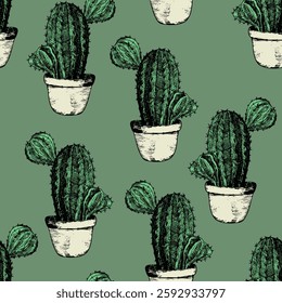 Seamless pattern with cacti, blooming succulent on color background. Vector hand drawn illustration for packaging, fabric, textile. Wild west cactus, western concept.