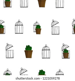 seamless pattern with cacti in cages on a white background