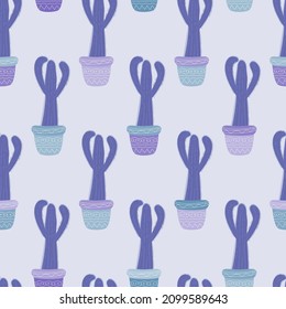 seamless pattern cacti cereus of very peri color in pots with ethnic white pattern. color of the year 2022