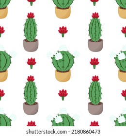 Seamless pattern with cacti. Colored background with a flowering cactus. Vector illustration