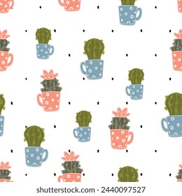 Seamless pattern with cacti in cups, vector design for textiles.