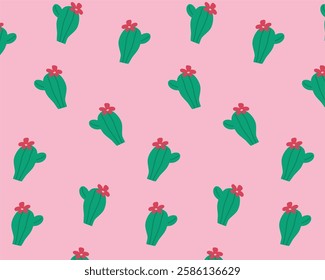 Seamless pattern with cacti. Cute fun print with green cacti on a pink background. A bright background for websites, printing on children's clothing, woven fabrics, packaging and other surfaces.