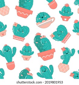 Seamless pattern with cacti. Cute kawaii cacti. The vibrant colorful print is great for textiles, fabric, wrapping paper, gift wrapping, apparel, postcards, and more. Vector