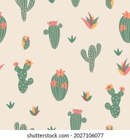 Seamless pattern of cacti in cute style in pastel colors. Perfect for kids apparel, fabric, textile, nursery decoration, wrapping paper. Vector illustration