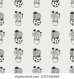 Seamless pattern with cacti in decorative pots. Stylish desert botanical repeat background for textiles or wallpaper. Hand drawn vector sketch illustration in vintage crayon charcoal style