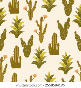 Seamless pattern of cacti and desert plants in hand-drawn freehand vector style. Vector hand drawn surface design