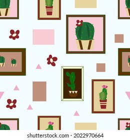 Seamless pattern of cacti of different sizes in frames on a light blue background. For wallpaper, fabric, packaging, textiles, websites.