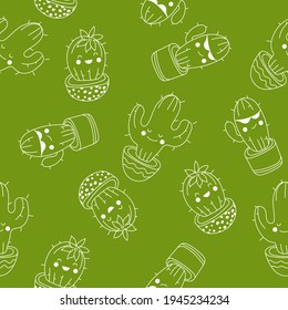 Seamless pattern with cacti in doodle style on green. 