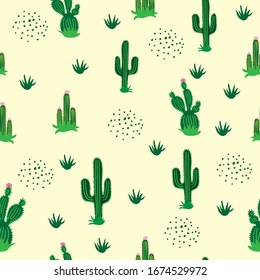 Nahtloses Muster mit Kakteen, handgezeichnet. Drucken Sie mit Pflanzen und Blumen. Moderne Vektorillustration.
