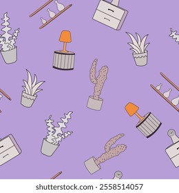 Seamless pattern with cacti, floor lamps and succulents on a light purple background. For decorating interiors and scenes in a cozy home environment