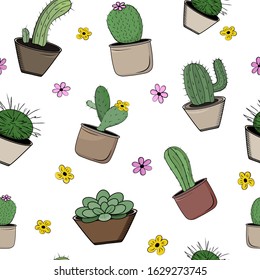 Seamless pattern with cacti in flower pots.