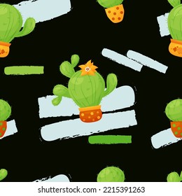 Seamless pattern with cacti flowerpots. Beautiful prickly and blooming cactus in pot on black background. Vector illustration.  botanical pattern for decor, design, packaging, wallpaper, textile