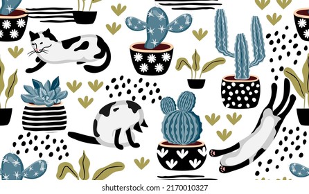 Seamless pattern with cacti in flowerpots and cute cats in various poses.Colorful background and texture for printing on fabric and paper.Vector hand drawn isolated illustration for design card,cover.