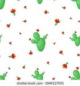 Seamless pattern with cacti and flowers. Cute background with exotic plants. Texture for fabric, wrapping paper.