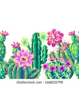 Seamless pattern with cacti and flowers. Decorative spiky flowering cactuses in hand drawn style.