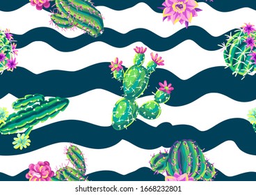 Seamless pattern with cacti and flowers. Decorative spiky flowering cactuses in hand drawn style.