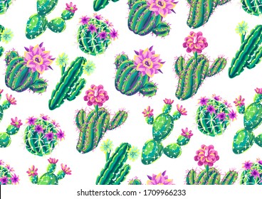 Seamless pattern with cacti and flowers. Decorative spiky flowering cactuses in hand drawn style.