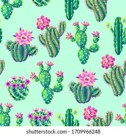 Seamless pattern with cacti and flowers. Decorative spiky flowering cactuses in hand drawn style.
