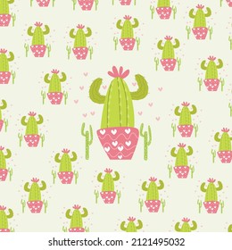 Seamless pattern with cacti and flowers in green and pink colors on beige background