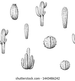 Seamless pattern with cacti and flowers. Hand drawn sketches converted to vector