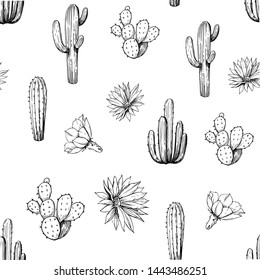 Seamless pattern with cacti and flowers. Hand drawn sketches converted to vector