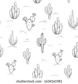 Seamless pattern with cacti and flowers. Hand drawn sketches converted to vector