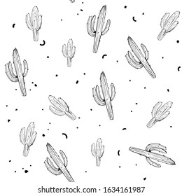 Seamless pattern with cacti and flowers. Hand drawn sketches converted to vector