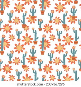 Seamless pattern with cacti and flowers. Hand drawn vector illustration. Image of cactus on a white background. Suitable for printing on fabric, clothing, bedding, wrapping paper.