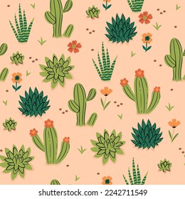 Seamless pattern with cacti and flowers. Vector graphics.