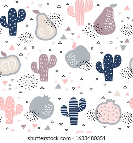 Seamless pattern with cacti and fruits on white background