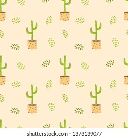 Seamless pattern with cacti in hand drawn cartoon style. Cute vector cactus for surface pattern design