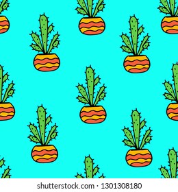 Seamless pattern of cacti from hand vector. Cute illustration in african style. Bright color. Cacti