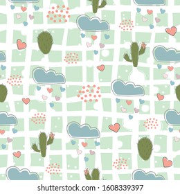 Seamless Pattern with cacti, hearts and clouds raining with hearts. Vector Illustration