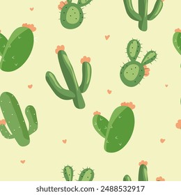 Seamless pattern with cacti and hearts. Vector illustration. green cactuses on yellow background.